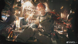 3boys alcohol bar_(place) belt dog_tags earrings explosive grenade grin hat highres jewelry leg_up looking_at_viewer mechanical_arms mol-- multiple_boys noctis_(pgr) official_art punishing:_gray_raven reaching reaching_towards_viewer red_hair serving single_earring single_mechanical_arm sitting smile spill spilling tattoo weibo_logo weibo_watermark yellow_eyes