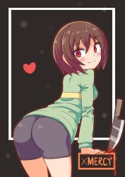 Rule 34 | 1girl, ass, bike shorts, blood, bloody knife, bloody weapon, blouse, blush, breasts, brown hair, chara (undertale), cougar (cougar1404), from behind, heart, knife, leaning, leaning forward, looking at viewer, red eyes, shirt, short hair, sideboob, smile, solo, striped clothes, striped shirt, striped sweater, sweater, undertale, weapon, yandere