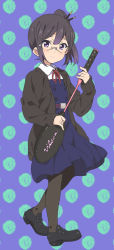 Rule 34 | 10s, 1girl, asagiri shiori, badminton racket, black hair, cardigan, glasses, loafers, mizuki makoto, pantyhose, racket, school uniform, shoes, side ponytail, solo, tamako market