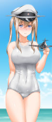 Rule 34 | 10s, 1girl, aircraft, airplane, alternate costume, bf 109, blonde hair, blue eyes, blue sky, blurry, blurry background, blush, breasts, cloud, collarbone, colored eyelashes, covered navel, cowboy shot, day, eyebrows, graf zeppelin (kancolle), hair between eyes, hat, henshako, highres, holding, kantai collection, large breasts, long hair, looking at viewer, ocean, one-piece swimsuit, outdoors, parted lips, peaked cap, pink lips, school swimsuit, sidelocks, sky, solo, sweat, swimsuit, twintails, white one-piece swimsuit, white school swimsuit