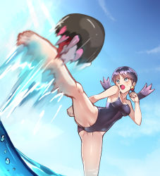 Rule 34 | 1girl, aqua eyes, ass, barefoot, blue hair, blue sky, breasts, cameltoe, cleavage, clenched hands, collarbone, competition swimsuit, covered navel, creatures (company), feet, game freak, gen 7 pokemon, highres, kicking, kris (pokemon), leg lift, leg up, low twintails, medium breasts, nintendo, one-piece swimsuit, open mouth, partially visible vulva, pokemon, pokemon (creature), pokemon adventures, pyukumuku, sky, spread legs, standing, standing on one leg, swimsuit, thighs, toes, twintails, water, wide hips, yasu suupatenin
