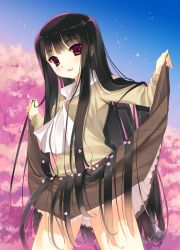 Rule 34 | 1girl, arikawa satoru, ascot, black hair, cherry blossoms, clothes lift, hair flowing over, long hair, original, petals, red eyes, skirt, skirt lift, solo, very long hair