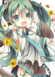 Rule 34 | 1girl, bad id, bad pixiv id, detached sleeves, fang, flower, green eyes, green hair, hatsune miku, highres, long hair, looking at viewer, matching hair/eyes, necktie, open mouth, opopowa, skirt, solo, twintails, vocaloid
