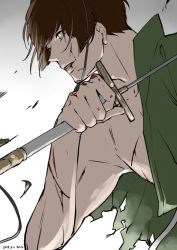 Rule 34 | 10s, 1boy, 2015, blood, brown hair, cuts, dated, gradient background, holding, holding sword, holding weapon, injury, ishikirimaru, male focus, parted lips, solo, sword, torn clothes, touken ranbu, wand3754, weapon, yellow eyes