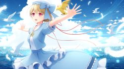 Rule 34 | 1girl, beret, bird, blonde hair, blue shirt, blue skirt, breasts, cloud, cloudy sky, commentary request, feathers, hair between eyes, hair ribbon, hat, highres, iwamoto sora, kogara toto, long skirt, looking at viewer, lupinus virtual games, medium hair, ocean, open mouth, outstretched arms, red eyes, red ribbon, ribbon, sailor collar, shirt, short sleeves, skirt, sky, small breasts, virtual youtuber, vspo!, white headwear