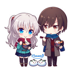 Rule 34 | 1boy, 1girl, aqua jacket, black thighhighs, blue eyes, blue scarf, blue skirt, blush, boots, bowl, brown coat, brown eyes, brown footwear, brown hair, casual, charlotte (anime), chibi, chopsticks, closed mouth, coat, commentary request, crossed bangs, eating, food, frown, grey hair, hair between eyes, half updo, holding, holding bowl, holding chopsticks, jacket, jitome, kousetsu, long hair, looking at another, miniskirt, mochi, mochi trail, open mouth, otosaka yuu, red scarf, scarf, short hair, short ponytail, signature, simple background, skirt, smile, snow rabbit, sweatdrop, thighhighs, tomori nao, v-shaped eyebrows, wavy hair, white background, winter clothes, zettai ryouiki