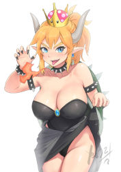 Rule 34 | 1girl, blonde hair, blue eyes, bowsette, breasts, cleavage, clothes lift, fire, horns, large breasts, leotard, lifting own clothes, mario (series), mezzo (orbanga21), monster girl, nail polish, nintendo, ponytail, shell, showgirl skirt, skirt, skirt lift, solo, super crown, tail