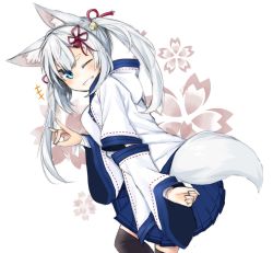 Rule 34 | +++, ;), animal ears, bad id, bad twitter id, bell, black thighhighs, blue eyes, blue skirt, character request, copyright request, cowboy shot, detached sleeves, fang, floral background, fox ears, fox shadow puppet, fox tail, from side, grin, hair bell, hair ornament, highres, jingle bell, leaning forward, long hair, looking at viewer, moti yousei, one eye closed, pleated skirt, ribbon-trimmed clothes, ribbon-trimmed sleeves, ribbon trim, simple background, skirt, smile, solo, tail, teeth, thighhighs, twintails, white background, white hair, wide sleeves, wrist wrap