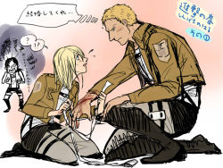 Rule 34 | 1boy, 2girls, bandages, blonde hair, blood, blush, brainpie, krista lenz, freckles, from side, injury, jealous, kneeling, looking at another, military, military uniform, multiple girls, on one knee, open mouth, partially translated, reiner braun, shingeki no kyojin, short hair, sitting, size difference, three-dimensional maneuver gear, translation request, uniform, wariza, ymir (shingeki no kyojin)