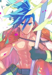 Rule 34 | abs, baggy pants, black gloves, blue eyes, blue hair, galo thymos, gloves, holding, jacket, male focus, matoi, num (zombie headline), pants, pectorals, promare, topless male, smile, spiked hair
