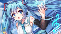 Rule 34 | 1girl, :d, blue eyes, blue hair, blue neckwear, cloud, day, detached sleeves, dutch angle, fang, floating hair, hair between eyes, hair ornament, hatsune miku, headphones, headset, highres, long hair, microphone, musical note, open mouth, outdoors, shanguier, shirt, sky, sleeveless, sleeveless shirt, smile, solo, twintails, upper body, very long hair, vocaloid, white shirt