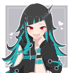 Rule 34 | 1girl, belt, belt bra, black hair, black jacket, blue belt, blue hair, blush, chest belt, clothing cutout, commentary request, cropped jacket, cross-laced clothes, cross-laced sleeves, demon girl, demon horns, fangs, flat chest, fukahire234, grey background, heart, highres, horns, jacket, long hair, long sleeves, looking at viewer, multicolored hair, nanashi inc., open clothes, open jacket, open mouth, red eyes, shishio chris, shoulder cutout, smile, solo, sugar lyric, two-tone background, two-tone hair, upper body, virtual youtuber, white background