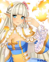 Rule 34 | + +, 1girl, arch bishop (ragnarok online), arrow cross, blonde hair, blue dress, blue eyes, blunt bangs, blush, braid, breasts, cleavage, cleavage cutout, closed mouth, clothing cutout, commentary, cross, dress, english commentary, falling leaves, flower, french braid, frilled dress, frilled sleeves, frills, hair flower, hair ornament, highres, lazzi, leaf, long hair, looking at viewer, medium bangs, medium breasts, official alternate costume, pink flower, ragnarok online, smile, solo, tassel, tassel hair ornament, twitter username, two-tone dress, upper body, very long hair, white dress