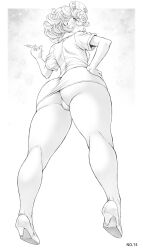 Rule 34 | 1girl, adjusting clothes, ass, bare legs, blush, cameltoe, cleft of venus, curly hair, curvy, dress, from behind, from below, greyscale, hand on own ass, hat, high heels, highres, huge ass, looking at viewer, looking back, looking down, miniskirt, mogudan, monochrome, nurse, nurse cap, one-punch man, short hair, simple background, skirt, syringe, tatsumaki, thick thighs, thighs, thong, underbutt, white background, wide hips