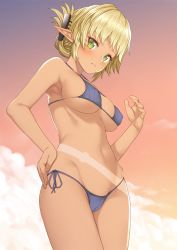 Rule 34 | 10s, 1girl, aegis (takunomi), armpits, bikini, blonde hair, blue bikini, blush, breasts, cameltoe, closed mouth, covered erect nipples, from below, green eyes, hand on own hip, highres, large breasts, looking at viewer, navel, original, outdoors, pointy ears, revealing tanlines, side-tie bikini bottom, sky, solo, sunset, swimsuit, takunomi, tan, tanline, tanlines, underboob