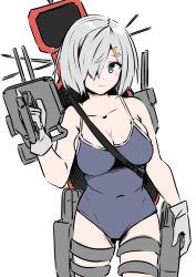 Rule 34 | 1girl, 30-06, alternate costume, blue eyes, blush, breasts, cleavage, collarbone, cowboy shot, gloves, hair ornament, hair over one eye, hairclip, hamakaze (kancolle), highres, holding, holding turret, kantai collection, large breasts, looking at viewer, one-piece swimsuit, school swimsuit, short hair, simple background, solo, swimsuit, turret, white background, white gloves, white hair