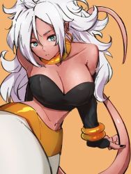 Rule 34 | 1girl, android 21, black nails, bracelet, breasts, choker, cleavage, collarbone, colored skin, dragon ball, dragon ball fighterz, earrings, hoop earrings, jewelry, kemachiku, long hair, looking at viewer, majin android 21, midriff, nail polish, navel, orange background, red skin, simple background, solo, tail, white hair, yellow choker