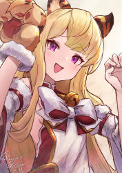 Rule 34 | 1girl, animal ears, animal hands, artist name, backless dress, backless outfit, bell, blonde hair, blush, breasts, cagliostro (granblue fantasy), cindala (granblue fantasy), cindala (granblue fantasy) (cosplay), commentary, cosplay, dated, detached sleeves, dress, english commentary, granblue fantasy, hands up, highres, jingle bell, long hair, looking at viewer, open mouth, punished pigeon, purple eyes, sideboob, signature, sleeveless, sleeveless dress, solo, tiger ears, tiger paws