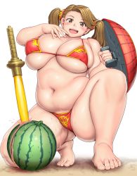 Rule 34 | 1girl, bikini, blush, breasts, brown eyes, brown hair, commentary request, covered erect nipples, fat, food, fruit, full body, gundam, gundam build fighters, gundam build fighters try, hair ornament, head tilt, highres, holding, large breasts, long hair, looking at viewer, navel, open mouth, orizen, plump, red bikini, sazaki kaoruko, shadow, simple background, smile, solo, squatting, string bikini, swimsuit, tareme, thick arms, thick thighs, thighs, twintails, watermelon, wet, white background