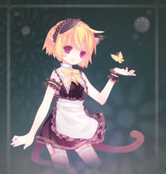 Rule 34 | 1girl, :d, animal ears, blonde hair, bow, bowtie, bug, butterfly, cat ears, cat tail, cropped legs, curtain (posuinochuanglian), garter straps, insect, maid, multiple tails, no nose, open mouth, original, red eyes, short hair, smile, solo, tail, thighhighs, wrist cuffs