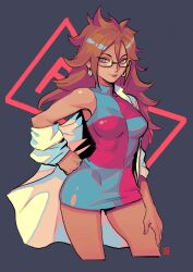 Rule 34 | 1girl, absolum art, absurdres, android 21, blue eyes, breasts, brown hair, dragon ball, dragon ball fighterz, dragon ball super, earrings, glasses, hand on own hip, highres, jewelry, lab coat, light smile, long hair