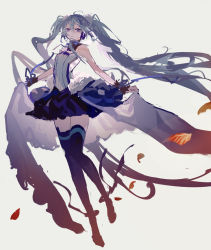 Rule 34 | 1girl, ahoge, anklet, bare shoulders, blue eyes, blue hair, blue skirt, blue thighhighs, commentary, full body, grey background, hair ribbon, hatsune miku, jewelry, leaf, long hair, looking at viewer, mamenomoto, open mouth, parted lips, pom pom (clothes), ribbon, simple background, skirt, sleeveless, solo, thighhighs, twintails, very long hair, vocaloid, zettai ryouiki