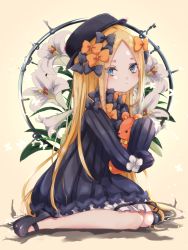 Rule 34 | 1girl, abigail williams (fate), beige background, black bow, black dress, black footwear, black hat, blonde hair, blue eyes, blush, bow, bug, butterfly, closed mouth, commentary request, dress, fate/grand order, fate (series), flower, forehead, hair bow, hat, highres, hugging object, insect, long hair, long sleeves, looking at viewer, looking to the side, mary janes, orange bow, parted bangs, polka dot, polka dot bow, shoes, sitting, sleeves past fingers, sleeves past wrists, solo, stuffed animal, stuffed toy, teddy bear, touko 56, very long hair, wariza, white flower