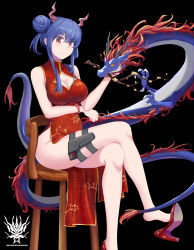 Rule 34 | 1girl, arknights, bare arms, bare legs, bare shoulders, bead bracelet, beads, black background, blue hair, bracelet, branch, breasts, ch&#039;en (ageless afterglow) (arknights), ch&#039;en (arknights), chair, china dress, chinese clothes, chinese commentary, cleavage, cleavage cutout, clothing cutout, commentary request, double bun, dragon, dress, eastern dragon, feet out of frame, hair between eyes, hair bun, hand up, high heels, highres, holster, horns, jewelry, large breasts, long hair, looking at viewer, no panties, official alternate costume, peiyuan yuuya, red dress, red eyes, red footwear, side slit, sidelocks, simple background, sleeveless, sleeveless dress, solo, standing, thigh holster, thighs