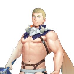 Rule 34 | 1boy, abs, bara, blonde hair, blue eyes, closed mouth, delafere (gyee), gyee, holding, holding weapon, itto (mentaiko), large pectorals, looking at viewer, male focus, male underwear, muscular, muscular male, navel, nipples, pectorals, short hair, simple background, solo, underwear, weapon, white background, white male underwear
