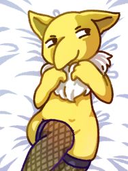 Rule 34 | 1other, androgynous, animal ears, bad id, bad pixiv id, black eyes, blush, body fur, creatures (company), dakimakura (medium), fishnet thighhighs, fishnets, from above, furry, game freak, gen 1 pokemon, half-closed eyes, hands up, hypno, leg up, light blush, looking to the side, lying, muguet, nintendo, on back, pokemon, pokemon (creature), purple thighhighs, simple background, sketch, solo, thighhighs, white background, white fur, yellow fur