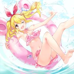 Rule 34 | 10s, 1girl, aikatsu!, aikatsu! (series), armpits, ass, barefoot, bikini, blonde hair, blush, bow, cloud, cloudy sky, frilled bikini, frills, hair bow, hairband, hoshimiya ichigo, innertube, long hair, looking at viewer, navel, one eye closed, open mouth, outstretched arm, red eyes, sky, smile, solo, swim ring, swimsuit, teeth, tiv, twintails, water, water drop