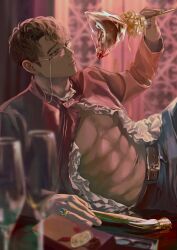 Rule 34 | 1boy, abs, belt, black belt, black pants, brown hair, closed mouth, coooga, frilled shirt, frills, glasses, highres, holding, indoors, jewelry, killing stalking, large pectorals, lying, male focus, muscular, muscular male, navel, oh sangwoo, on side, open clothes, open shirt, pants, pectorals, red shirt, ring, shirt, short hair, solo
