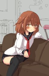 Rule 34 | 1girl, amputee, anchor symbol, black sailor collar, black skirt, black thighhighs, blush, brown hair, closed mouth, clothes lift, couch, double amputee, hair between eyes, hair ornament, hairclip, highres, ikazuchi (kancolle), kantai collection, long hair, long sleeves, neckerchief, on couch, po0000000000, red neckerchief, sailor collar, school uniform, serafuku, shirt, sidelocks, sitting, skirt, skirt lift, thighhighs, white shirt
