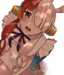 Rule 34 | 1girl, absurdres, arm support, black ribbon, blush, dress, hair over one eye, hair rings, headphones, highres, long hair, long sleeves, looking at viewer, multicolored hair, one eye covered, one piece, one piece film: red, open mouth, purple eyes, red eyes, red hair, ribbon, solo, spica (spica5f9ea0), split-color hair, teeth, twitter username, uta (one piece), white background, white dress, white hair