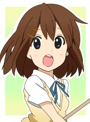 Rule 34 | 1girl, :o, absurdres, blue ribbon, border, brown eyes, brown hair, collared shirt, commentary, gradient background, green background, hair ornament, hairclip, highres, hirasawa yui, k-on!, light blush, neck ribbon, open mouth, outside border, ribbon, sakuragaoka high school uniform, school uniform, shirt, short hair, skyiluca, smile, solo, sweater vest, teeth, upper body, upper teeth only, white border, white shirt, yellow sweater vest