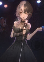 Rule 34 | 1girl, absurdres, black dress, black eyeliner, black hair, bow, dress, eyelashes, eyeliner, hair ornament, highres, holding, holding microphone, hololive, hololive english, long hair, makeup, mascara, microphone, microphone stand, multicolored hair, shiori novella, sleeveless, sleeveless dress, solo, split-color hair, stage lights, strapless, strapless dress, taku artworks, two-tone hair, virtual youtuber, white bow, white hair, yellow eyes