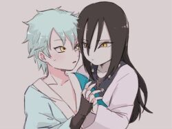 Rule 34 | aged down, black hair, blue hair, boruto: naruto next generations, exposed chest, eyeliner, father and son, holding hands, holding onto partner, japanese clothes, kimono, long hair, looking at another, makeup, mitsuki (naruto), naruto (series), orochimaru (naruto), pale skin, slit pupils, sweatdrop, unbuttoned, unbuttoned shirt, yellow eyes