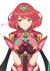 Rule 34 | 1girl, absurdres, armor, backless outfit, blush, bob cut, breasts, chest jewel, drop earrings, earrings, half-closed eyes, highres, impossible clothes, jewelry, large breasts, looking to the side, micro shorts, pyra (xenoblade), raised eyebrows, red eyes, red hair, ryochan96154, short hair, short sleeves, shorts, shoulder armor, skindentation, solo, swept bangs, tiara, upper body, xenoblade chronicles (series), xenoblade chronicles 2