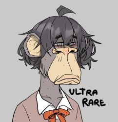 Rule 34 | 1girl, absurdres, ahoge, alternate species, black hair, blind girl (popopoka), brown sweater, closed mouth, collarbone, collared shirt, commentary, english commentary, english text, freckles, grey background, grey eyes, hair between eyes, highres, large ears, meme, messy hair, monkey, necktie, original, popopoka, portrait, red necktie, sad, shirt, short hair, solo, sweater, white shirt