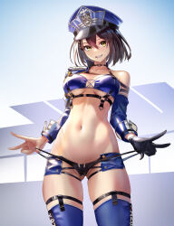 Rule 34 | 1girl, azur lane, baltimore (azur lane), baltimore (finish line flagbearer) (azur lane), bikini, bikini bottom pull, black bikini, black choker, blue bikini, blue footwear, blue hat, blue jacket, blue shorts, boots, braid, breasts, brown hair, chest harness, choker, cleavage, clothes writing, collarbone, commentary request, cowboy shot, cropped jacket, detached sleeves, double v, french braid, gloves, gluteal fold, grin, groin, hair between eyes, harness, hat, highres, iitsumonemu, iitsumonemu, jacket, looking at viewer, medium breasts, micro shorts, mismatched bikini, navel, official alternate costume, open clothes, open jacket, partial commentary, peaked cap, pulling own clothes, race queen, short hair, shorts, sidelocks, single bare shoulder, single detached sleeve, single glove, single sleeve, skindentation, smile, solo, standing, stomach, swimsuit, teeth, thigh boots, v, yellow eyes