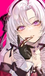 Rule 34 | 1girl, black gloves, chest tattoo, choker, claw ring, gloves, hair ribbon, hairband, highres, hyakumantenbara salome, hyakumantenbara salome (1st costume), kayahara, long hair, long sleeves, looking at viewer, nijisanji, off shoulder, parted lips, purple choker, purple eyes, ribbon, simple background, solo, tattoo, virtual youtuber, white hair