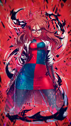 Rule 34 | 1girl, absurdres, android 21, black-framed eyewear, black pantyhose, blue eyes, breasts, checkered clothes, checkered dress, closed mouth, dragon ball, dragon ball fighterz, dress, earrings, glasses, hair between eyes, highres, hoop earrings, jewelry, kanchiyo, lab coat, long hair, looking at viewer, medium breasts, pantyhose, red background, red hair, red ribbon army, solo, standing