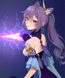 Rule 34 | 1girl, bare shoulders, blue background, breasts, closed mouth, cone hair bun, dagger, dress, electricity, energy weapon, flower, from behind, genshin impact, gloves, hair between eyes, hair bun, hair flower, hair horns, hair ornament, highres, holding, holding dagger, holding knife, holding weapon, keqing (genshin impact), knife, lavelis, looking at viewer, looking back, medium breasts, pink eyes, purple dress, purple gloves, purple hair, solo, twintails, weapon, white flower