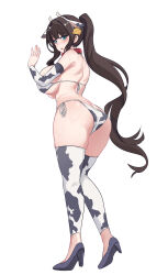 Rule 34 | 1girl, absurdres, animal ears, animal print, aningay, ass, bare shoulders, bikini, black footwear, blue eyes, breasts, brown hair, copyright request, cow ears, cow horns, cow print, detached leggings, detached sleeves, ear tag, fake animal ears, fake horns, full body, high heels, highres, horns, large breasts, long hair, parted lips, ponytail, print bikini, shoe soles, shoes, side-tie bikini bottom, simple background, solo, swimsuit, very long hair, white background
