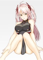 Rule 34 | 1girl, antenna hair, arm support, armpit cutout, ass, azur lane, bare arms, bare legs, blush, breasts, clothes between thighs, clothing cutout, commentary, cross, gradient background, hair between eyes, hand on ankle, headgear, highres, iron cross, knees up, large breasts, long hair, looking at viewer, mole, mole on breast, multicolored hair, nekkusu (nex 06), no legwear, parted lips, pelvic curtain, prinz eugen (azur lane), red hair, silver hair, simple background, sitting, solo, streaked hair, thighs, two side up, very long hair