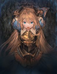 Rule 34 | 10s, 1girl, aos, armor, bdsm, blonde hair, blue eyes, bondage, bound, bound arms, bruise, chain, charlotta (granblue fantasy), child, cuirass, dress, gauntlets, granblue fantasy, hair between eyes, harvin, highres, injury, long hair, open mouth, pointy ears, puffy sleeves, solo, sweat, very long hair