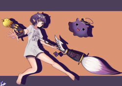 Rule 34 | 1girl, absurdres, art brush, barefoot, black hair, black shorts, closed mouth, commentary, english commentary, flat chest, full body, giant brush, grey eyes, highres, hololive, hololive english, letterboxed, long pointy ears, looking at viewer, luunar0308, monster hunter, monster hunter: world, monster hunter (series), ninomae ina&#039;nis, ninomae ina&#039;nis (loungewear), outstretched arms, paintbrush, pointy ears, print shirt, shirt, short shorts, short sleeves, shorts, solo, t-shirt, takodachi (ninomae ina&#039;nis), virtual youtuber, white shirt