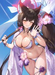 Rule 34 | 1girl, absurdres, animal ear fluff, animal ears, bead bracelet, beads, bikini, black hair, blue archive, bracelet, breasts, esseppd, flower, fox ears, fox girl, fox tail, grin, hair flower, hair ornament, halo, highres, holding, holding umbrella, jewelry, large breasts, long hair, looking at viewer, low twintails, navel, official alternate costume, oil-paper umbrella, open hand, pink flower, purple flower, shawl, smile, solo, stomach, swimsuit, tail, tail flower, tail ornament, teeth, thigh strap, twintails, umbrella, very long hair, wakamo (blue archive), wakamo (swimsuit) (blue archive), wet, white bikini, yellow eyes