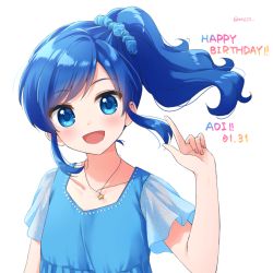 Rule 34 | 1girl, :d, aikatsu! (series), aikatsu on parade!, anz32, bad id, bad pixiv id, blue dress, blue eyes, blue hair, blue scrunchie, blush, collarbone, commentary request, dress, hair ornament, hair scrunchie, hand up, happy birthday, head tilt, index finger raised, kiriya aoi, long hair, looking at viewer, open mouth, polka dot, polka dot scrunchie, scrunchie, see-through, see-through sleeves, short sleeves, side ponytail, sidelocks, simple background, smile, solo, star (symbol), twitter username, upper body, white background
