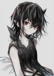 Rule 34 | 1girl, bare shoulders, black hair, black shirt, closed mouth, collarbone, commentary request, demon girl, demon horns, grey background, hair between eyes, hasunokaeru, horns, looking at viewer, original, red eyes, shirt, sleeveless, sleeveless shirt, solo, stitches, upper body